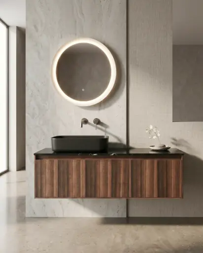 Meuble bois, 120cm avec plan marbre nero marquina et vasque noire mate, Molene 