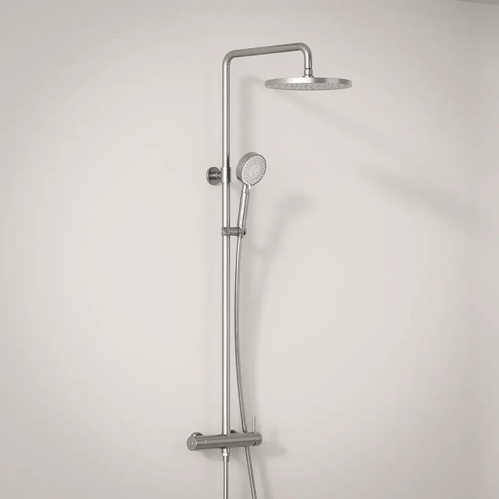 Colonne de douche mitigeur, Ø25cm épaisseur 13mm, douchette multifonctions, inox brossé, Châtelet 