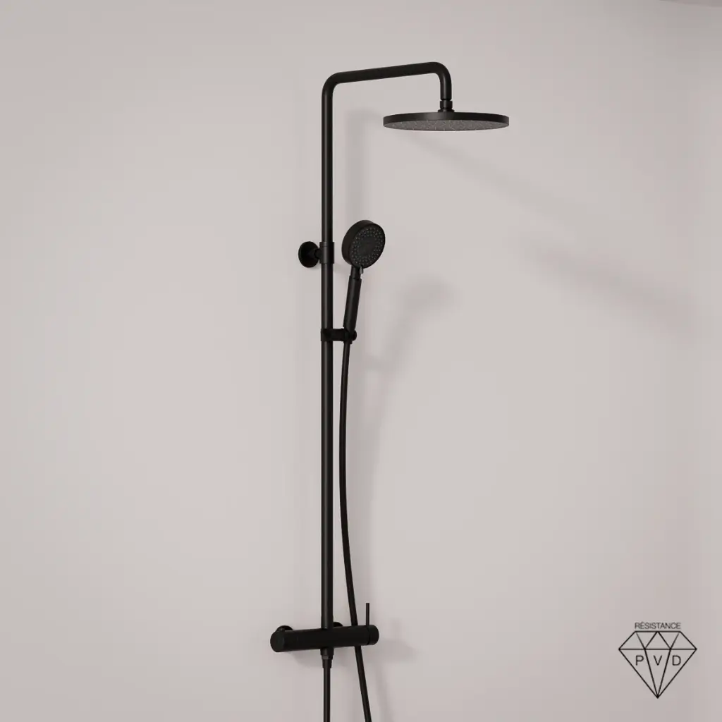 Colonne de douche mitigeur, Ø25cm épaisseur 13mm, douchette multifonctions, Noir brossé, Châtelet 