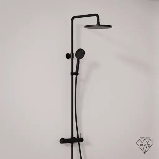 Colonne de douche mitigeur, Ø25cm épaisseur 13mm, douchette multifonctions, Noir brossé, Châtelet 