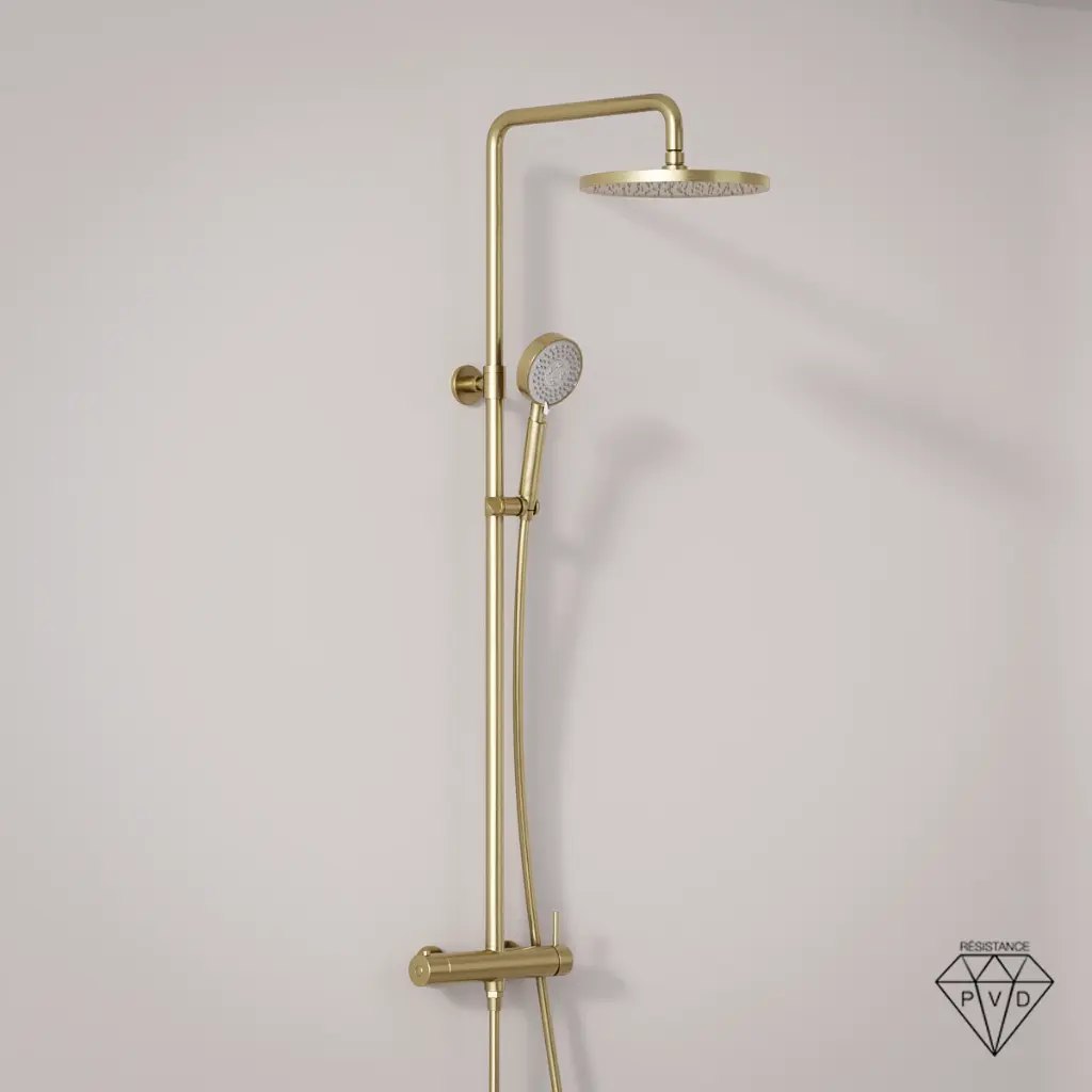 Colonne de douche mitigeur, Ø25cm épaisseur 13mm, douchette multifonctions, Doré brossé, Châtelet  