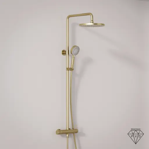 Colonne de douche mitigeur, Ø25cm épaisseur 13mm, douchette multifonctions, Doré brossé, Châtelet  