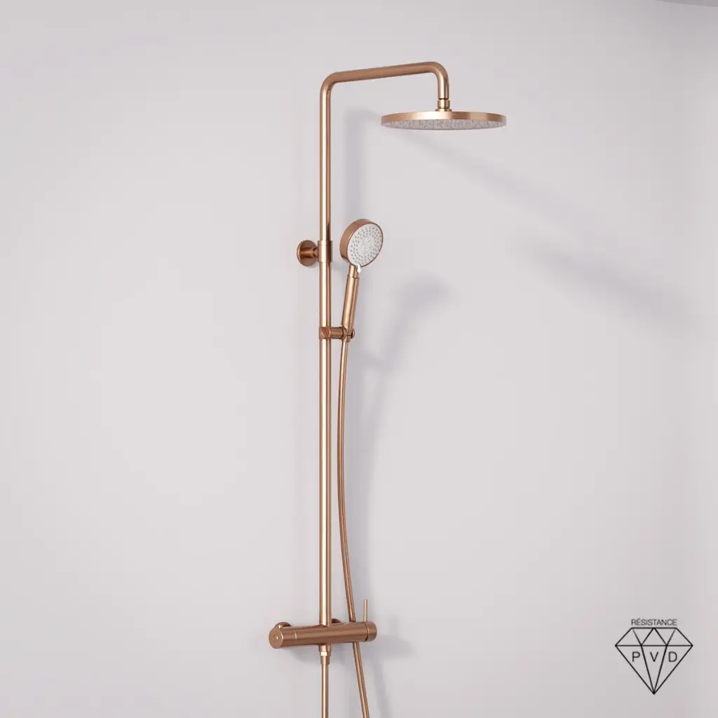 Colonne de douche mitigeur, Ø25cm épaisseur 13mm, douchette multifonctions, Doré Rose foncé, Châtelet   