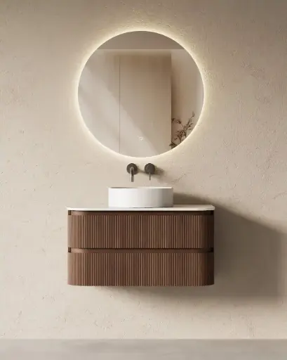  Meuble vasque arrondi suspendu en noyer 90 cm – Axel