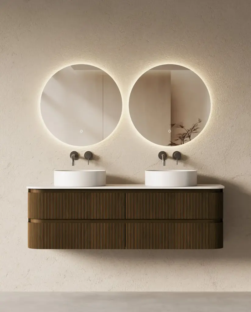 Meuble double vasque suspendu XXL noyer arrondi 150 cm – Axel