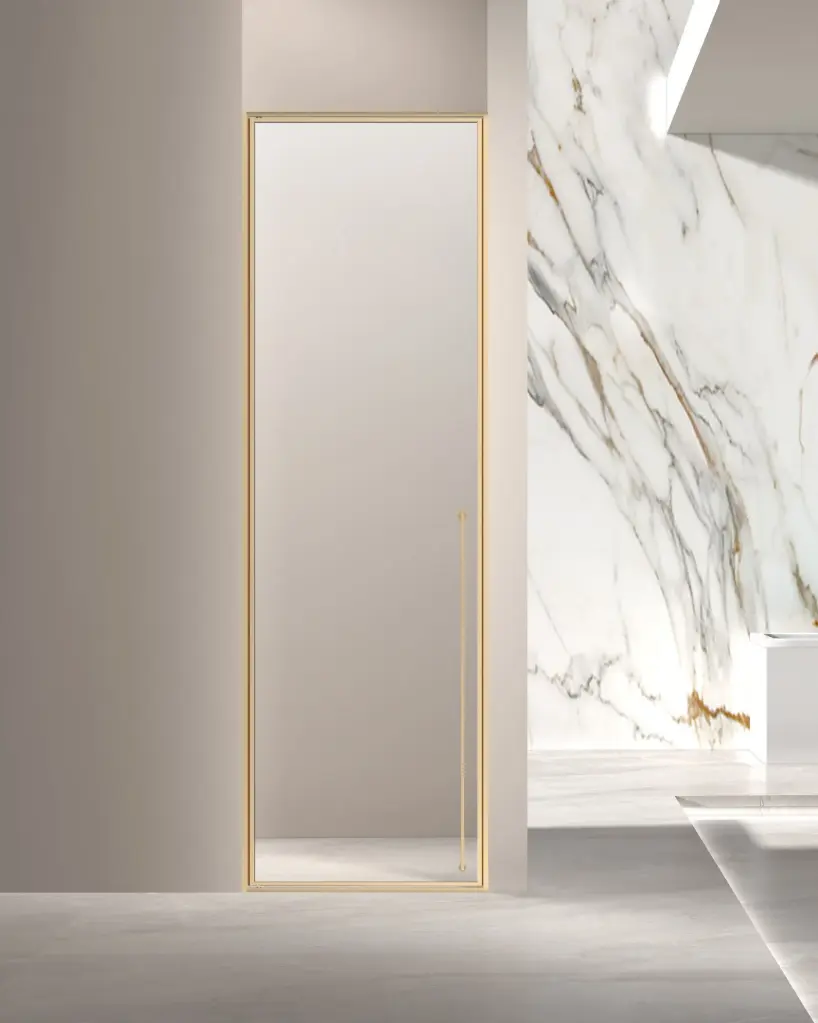 Porte de douche pivotante réversible de 58 à 92 cm, hauteur 220cm, doré brossé, Venus 