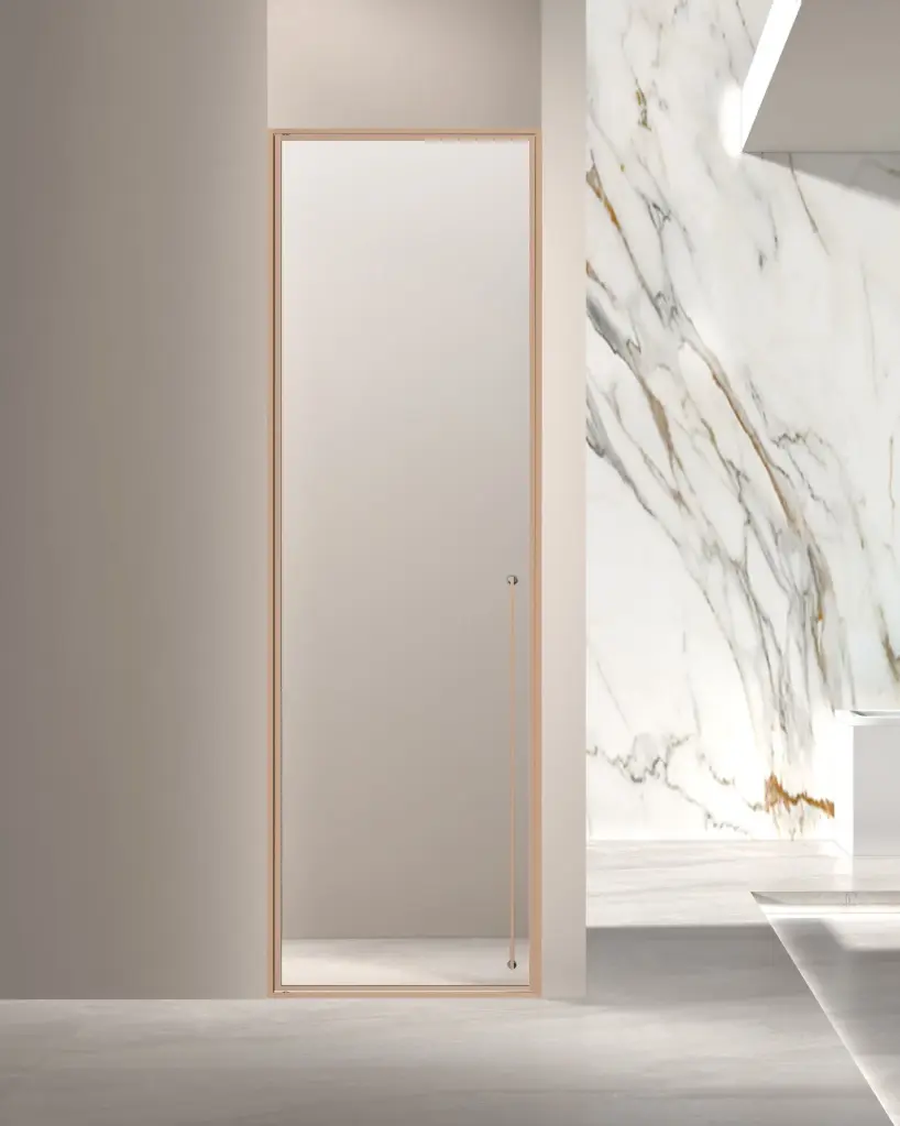 Porte de douche pivotante réversible de 58 à 92 cm, hauteur 220cm, doré rose brossé, Venus 