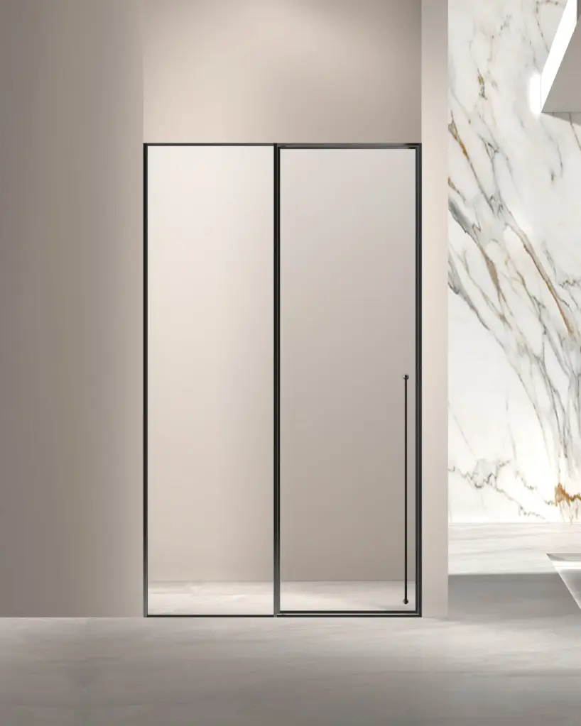Porte de douche pivotante + fixe, réversible, de 98 à 142cm, hauteur 220cm, Noir mat, Diane 