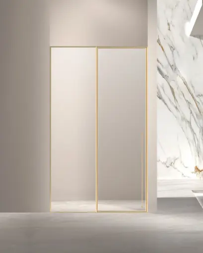 Porte de douche pivotante + fixe, réversible, de 98 à 142cm, hauteur 220cm, Doré brossé, Diane 