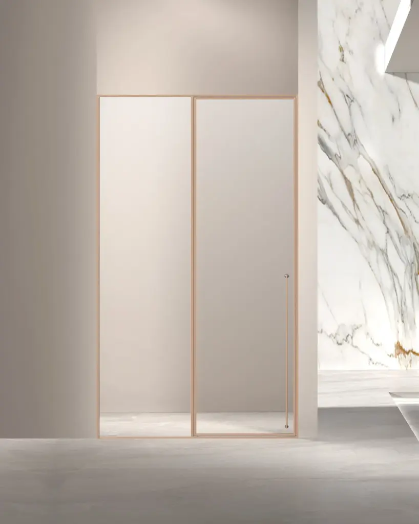 Porte de douche pivotante + fixe, réversible, de 98 à 142cm, hauteur 220cm, Doré rose, Diane 