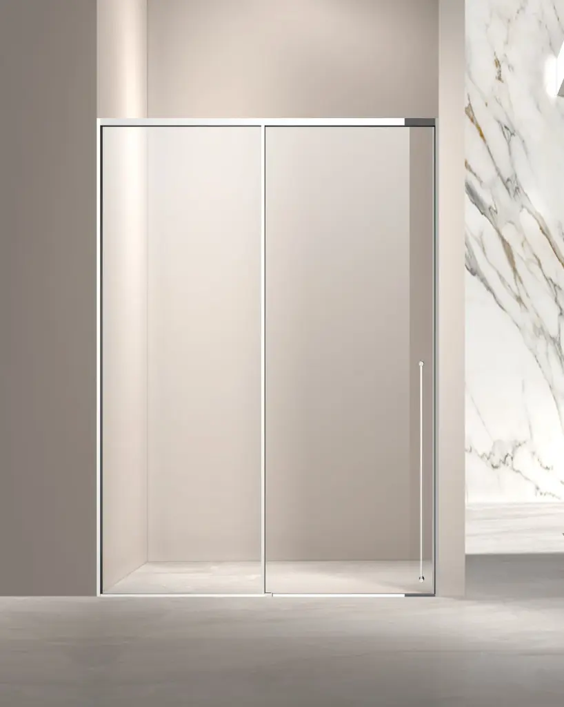 Porte de douche coulissante réversible, de 118 à 142 cm, hauteur 220cm, chromé, Neptune 