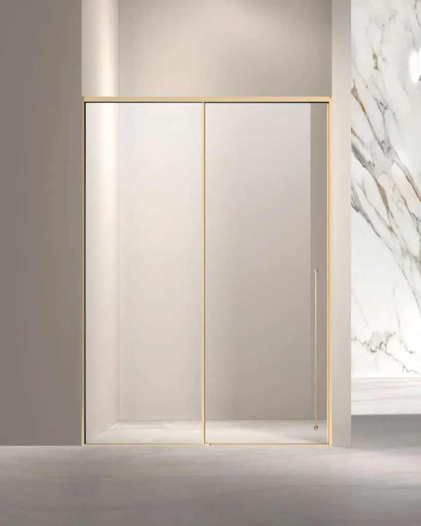 Porte de douche coulissante réversible, de 118 à 142 cm, hauteur 220cm, Doré rose brossé, Neptune   