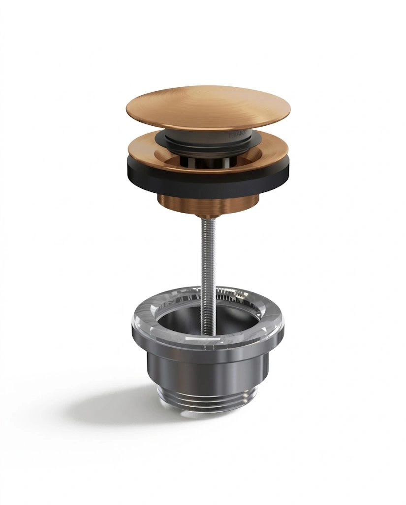 Bonde lavabo clic-clac ou fixe universelle en laiton finition doré rose foncé