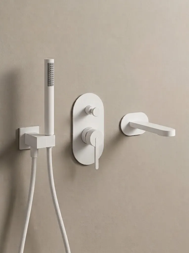 Composition Mitigeur bain-douche mural, Blanc satiné, Infinity Flow Stick